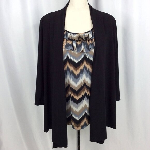 Perseption Tops - Perception Faux 2 PC Tank Cardigan Top‎ Womens 1X Stretch Short Sleeve Ruffle